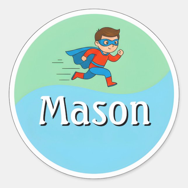 Customizable Kids Name Sticker – Running Superhero (Vorderseite)