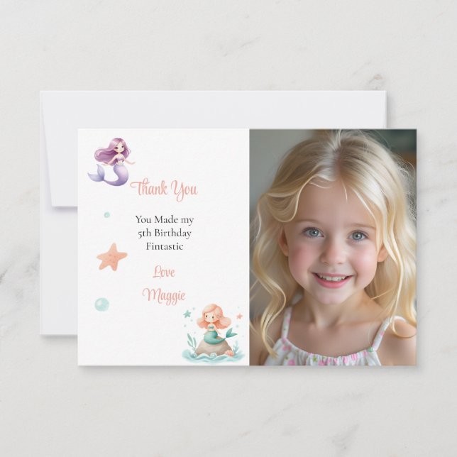 Customizable Mermaid Birthday Photo Dankeskarte (Vorderseite)