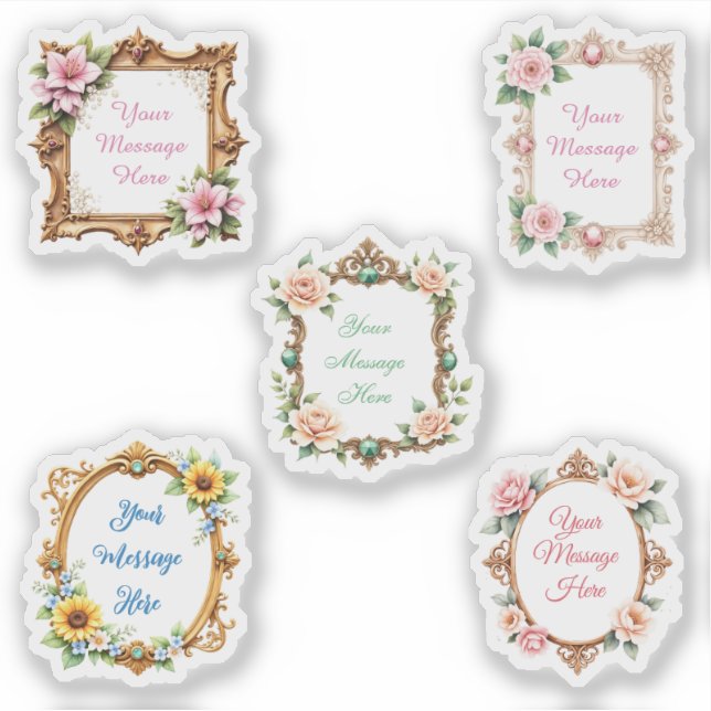 Customizable Message in Floral Frame Stickers Aufkleber (Vorderseite)