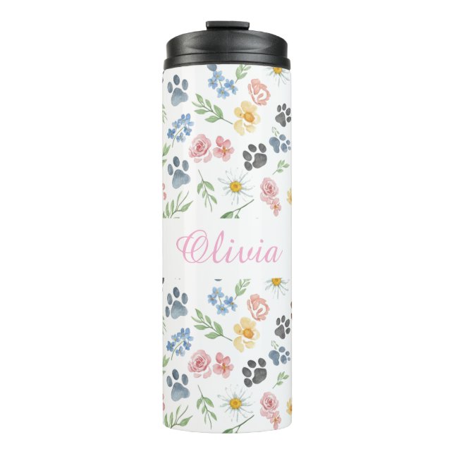 Customizable Name Floral Paw Print Thermal Tumbler Thermosbecher (Vorderseite)