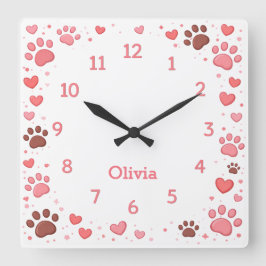 Customizable Name Pet Paw Print Wall Clock Quadratische Wanduhr
