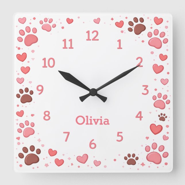 Customizable Name Pet Paw Print Wall Clock Quadratische Wanduhr (Vorderseite)