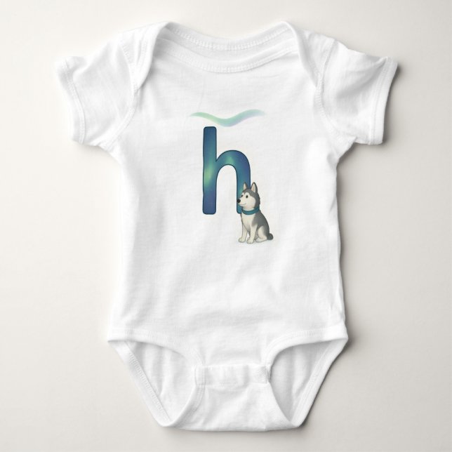 Customizable Northern Lights Letter H Husky Puppy Baby Strampler (Vorderseite)