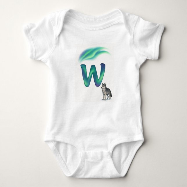 Customizable Northern Lights Letter W Arctic Wolf Baby Strampler (Vorderseite)