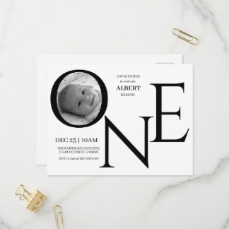 Customizable ONE First Birthday Photo Einladungspostkarte