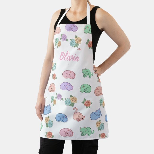 Customizable Pastel Cat and Rose Pattern Apron Schürze (InSitu)