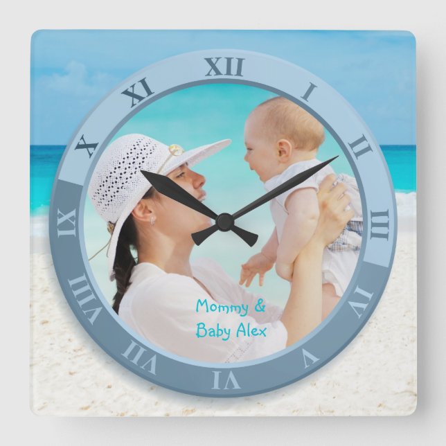 Customizable Photo Clock Coastal Beach Blue Sea Quadratische Wanduhr (Vorderseite)