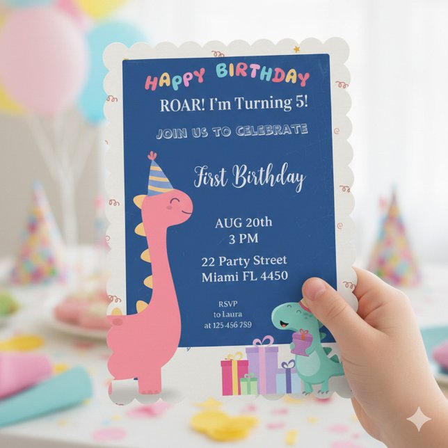 Customizable pink and blue dinosaur party invitati einladung (Von Creator hochgeladen)