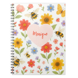 Customizable Pink Orange Floral and Bee Pattern  Notizblock