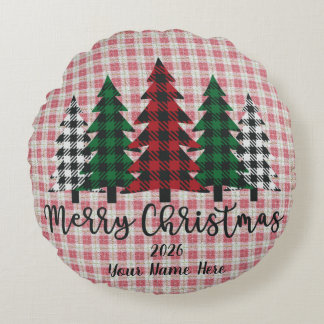 Customizable Plaid Merry Christmas Round Pillow Rundes Kissen
