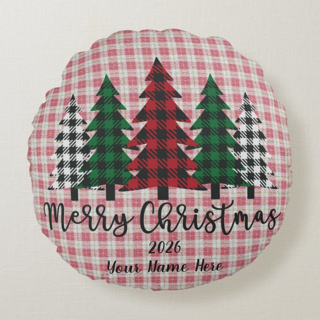 Customizable Plaid Merry Christmas Round Pillow Rundes Kissen (Vorderseite)