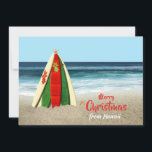 Customizable Surfboards on Beach Christmas Feiertagskarte<br><div class="desc">A flat holiday card featuring some bright and colorful surfboards stacked like a Christmas tree on the beach with a starfish on top and the ocean d it. All the text on the card front and back is customizable so you can add the holiday greeting you want, change the verse...</div>