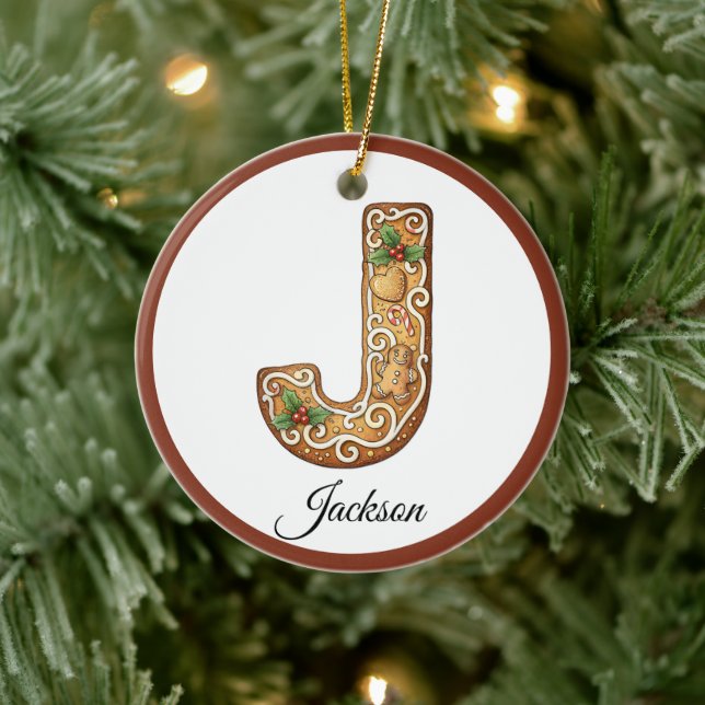 Customize Christmas Gingerbread Letter J Monogram Keramik Ornament (Baum)