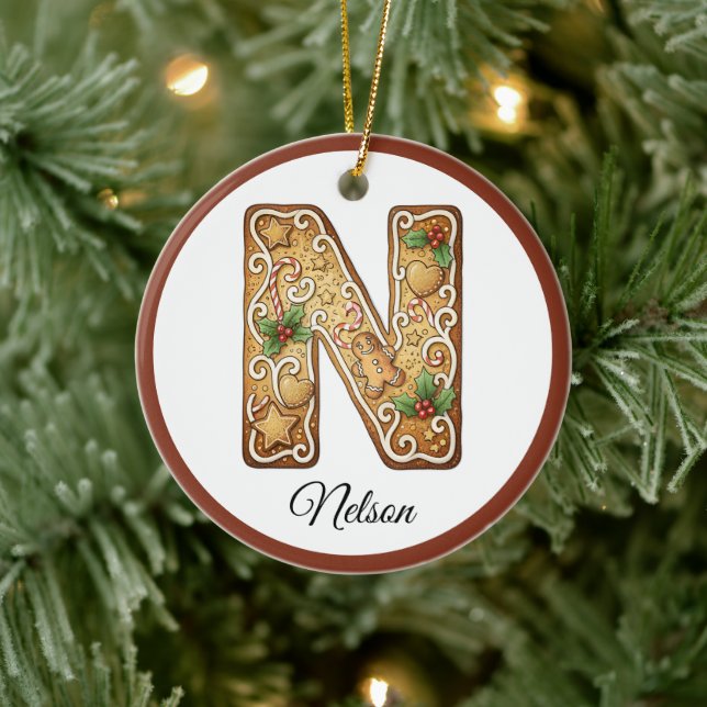 Customize Christmas Gingerbread Letter N Monogram Keramik Ornament (Baum)