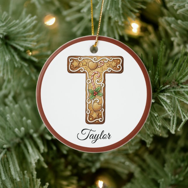 Customize Christmas Gingerbread Letter T Monogram Keramik Ornament (Baum)