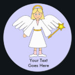 Customize Me - Kinderkrippen Angel Blonde Runder Aufkleber<br><div class="desc">Sie können Ihren eigenen Text zu diesem niedlichen Aufkleber hinzufügen, der ein kleines Mädchen mit frischen Haaren als Engel für die Weihnachtskrippe zeigt, in ihrem weißen Gewand, Halo, Flügeln und dem Stern von Bethlehem auf einem Stock, um hoch über der Heiligen Familie zu halten. Eine schöne Art Weihnachtswünsche zu versenden...</div>
