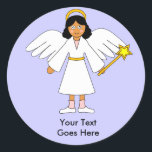 Customize Me - Kinderkrippen-Engel - Dunkel Runder Aufkleber<br><div class="desc">Sie können Ihren eigenen Text zu diesem niedlichen Aufkleber hinzufügen, das ein kleines Mädchen mit dunklem Haar als Engel für die Weihnachtskrippe in ihrem weißen Gewand, Halo, Flügeln und dem Stern von Bethlehem auf einem Stock zeigt, um hoch über der Heiligen Familie zu bleiben. Eine schöne Art Weihnachtswünsche zu versenden...</div>