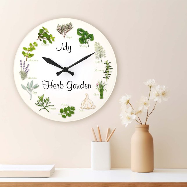 Customize Your Herb Garden Round Clock Große Wanduhr (Customize Your Herb Garden Clock. Thyme for Herb Gardens! )