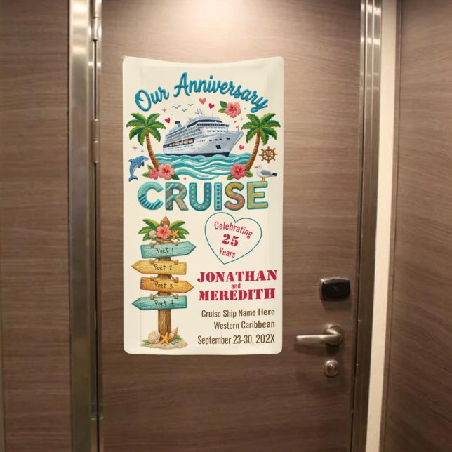 Customized Anniversary Cruise Door Banner (Customize this cute anniversary cruise banner featuring four cruise ports)