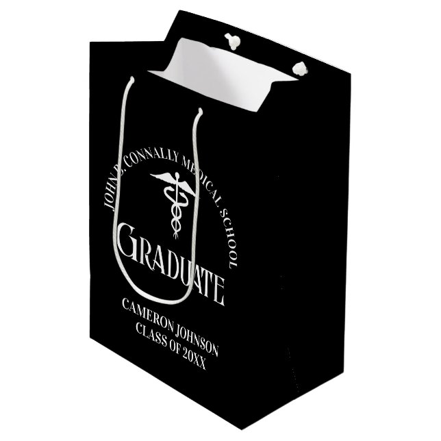 Customized Black Medical School Graduation Party Mittlere Geschenktüte (Vorderseite Schrägansicht)