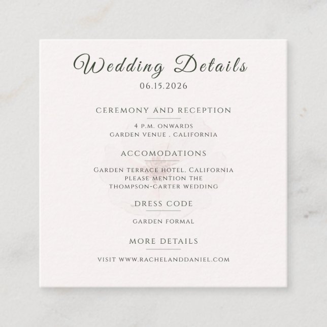 Customized Blush Floral Garden Wedding Details  Begleitkarte (Vorderseite)