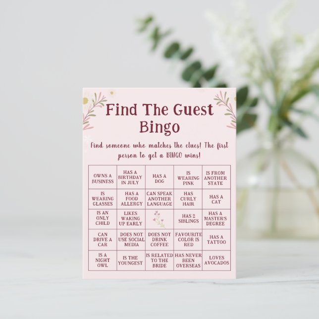 Customized Boho Floral Find The Guest Bingo Game  (Stehend Vorderseite)