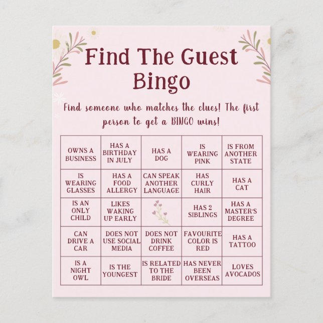 Customized Boho Floral Find The Guest Bingo Game  Flyer (Vorne)