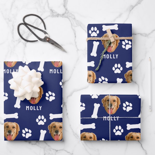 Customized Dog Pet Photo & Name Navy Blue Geschenkpapier Set (Vorderseite)