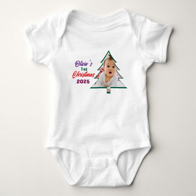 Customized Photo Olivia's 1st Christmas Tree  Baby Strampler (Vorderseite)