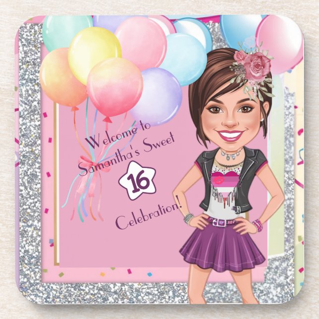 CustomSweet 16 Karikatur Einladung mit Balloons Getränkeuntersetzer (Vorderseite)