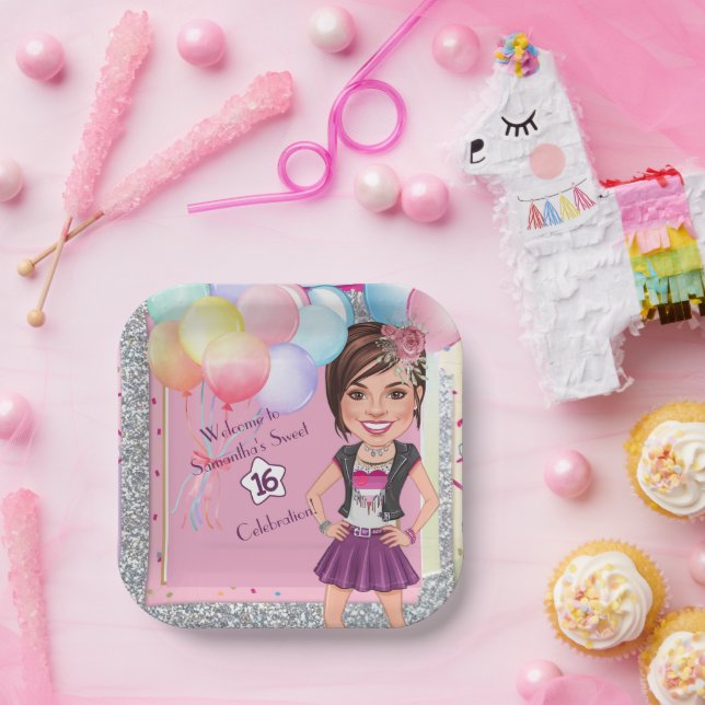 CustomSweet 16 Karikatur Einladung mit Balloons Pappteller (Party)