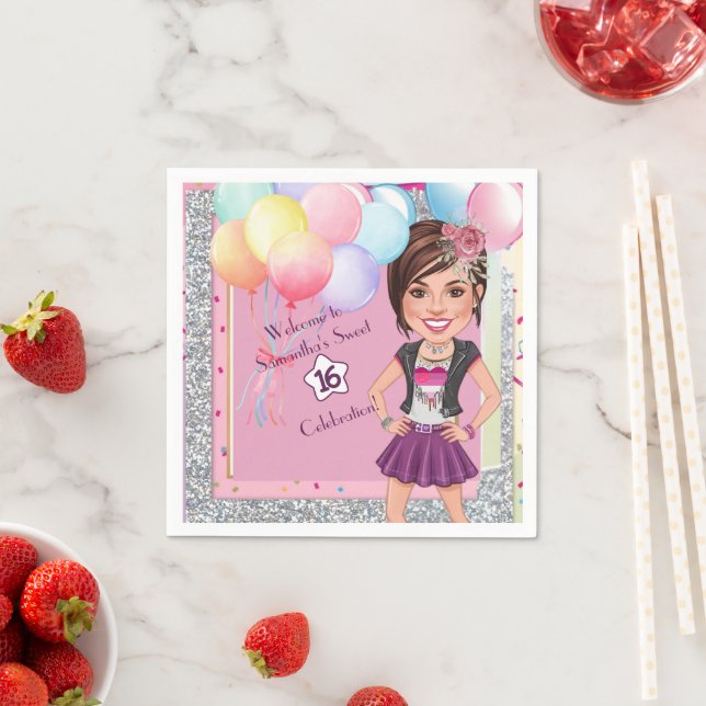 CustomSweet 16 Karikatur Einladung mit Balloons Serviette (Beispiel)