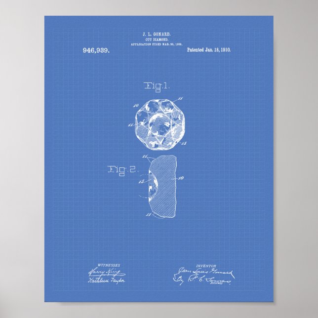 Cut Diamond 1910 Patent Art Blueprint Poster (Vorne)