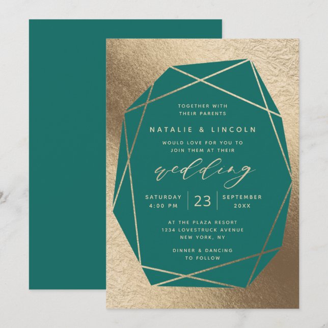 Cut Gemstone Aquamarin Green & Gold Foil Wedding Einladung (Vorne/Hinten)