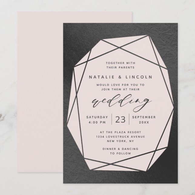 Cut Gemstone Blush Pink & Black Foil Hochzeit Einladung (Vorne/Hinten)