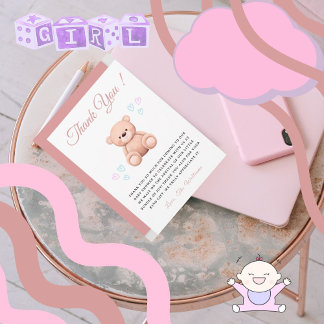 Cut Teddy Bear, handdrawn Hearts Girl Baby Shower  Dankeskarte