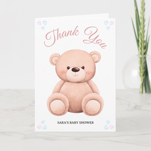 Cut Teddy Bear, Pastel Girl Baby Shower Folded Dankeskarte (Vorderseite)