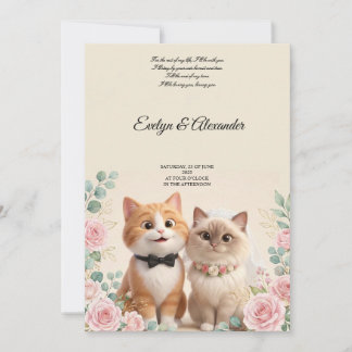 Cute 3D Cat Bride and Groom Cream Wedding Einladung