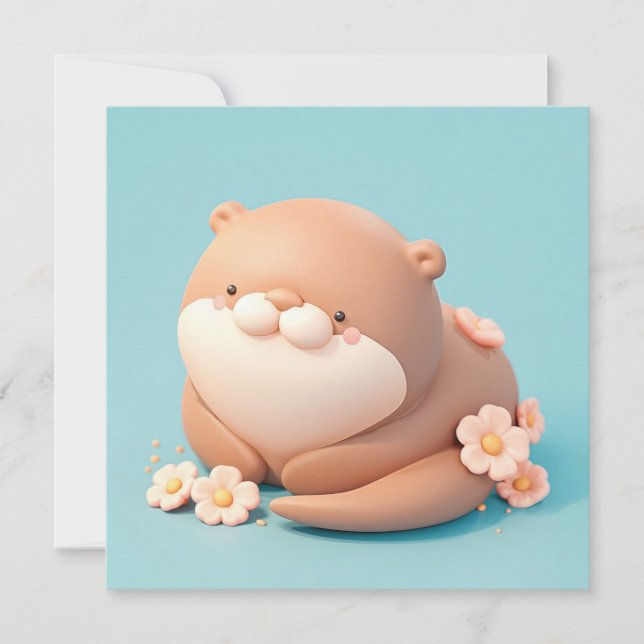 Cute 3D Clay Otter with Pink Flowers Postcard (Vorderseite)