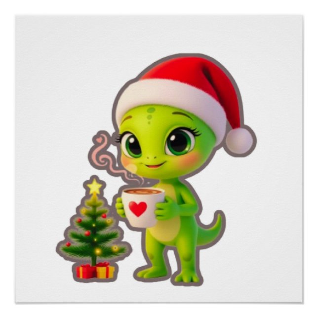 **Cute 3D Green Alien in Santa Hat with Hot Chocol Poster (Vorderseite)