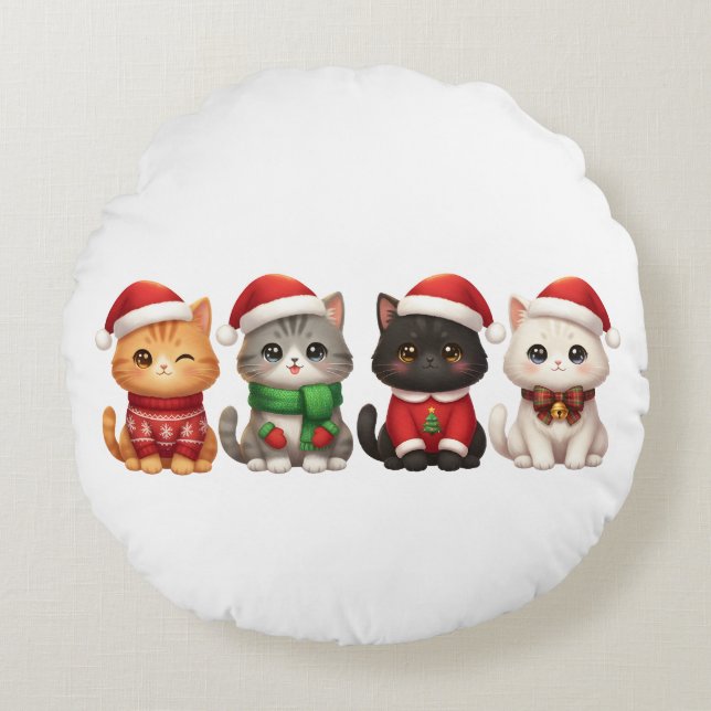 Cute 4 Christmas Cats - Holiday Cats Design Rundes Kissen (Vorderseite)