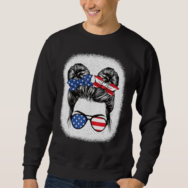 Cute 4th Of July Messy Bun Girl American Flag Patr Sweatshirt (Vorderseite)