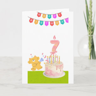 Cute 7th Birthday Cake Card - Colorful Banner Cat Karte
