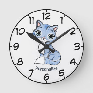 Cute & Adorable Blue Kitten Cartoon Personalize Runde Wanduhr