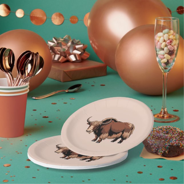Cute & adorable brown Yak  Pappteller (Multi)