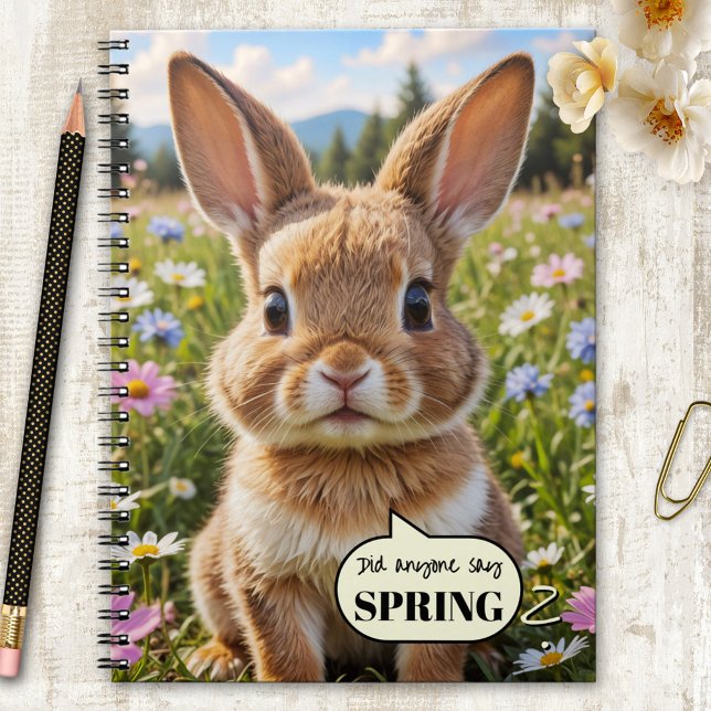 Cute Adorable Bunny Rabbit Spring Notebook Notizblock (Notebook featuring a cute, wide-eyed bunny nestled in a sunny meadow of daisies and wildflowers)