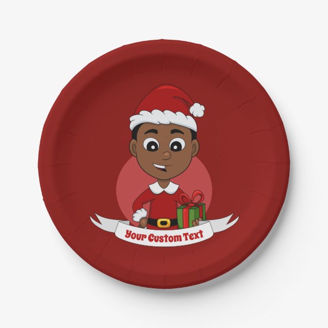 Cute African American Christmas boy cartoon Pappteller (Vorderseite)