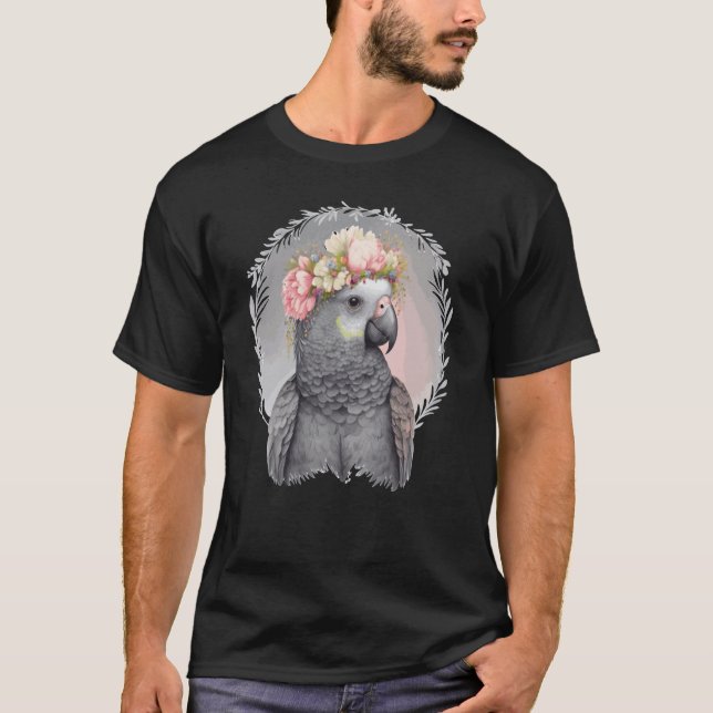 Cute African Gray Parrot Bird Flower Crown Pet Bir T-Shirt (Vorderseite)