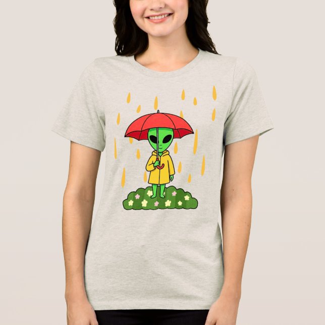 Cute Alien With Umbrella in Rain Space Character Tri-Blend Shirt (Vorderseite)