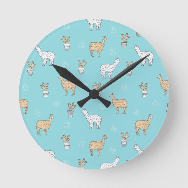 Cute Alpaca Llama Cactus Pattern Runde Wanduhr (Vorderseite)